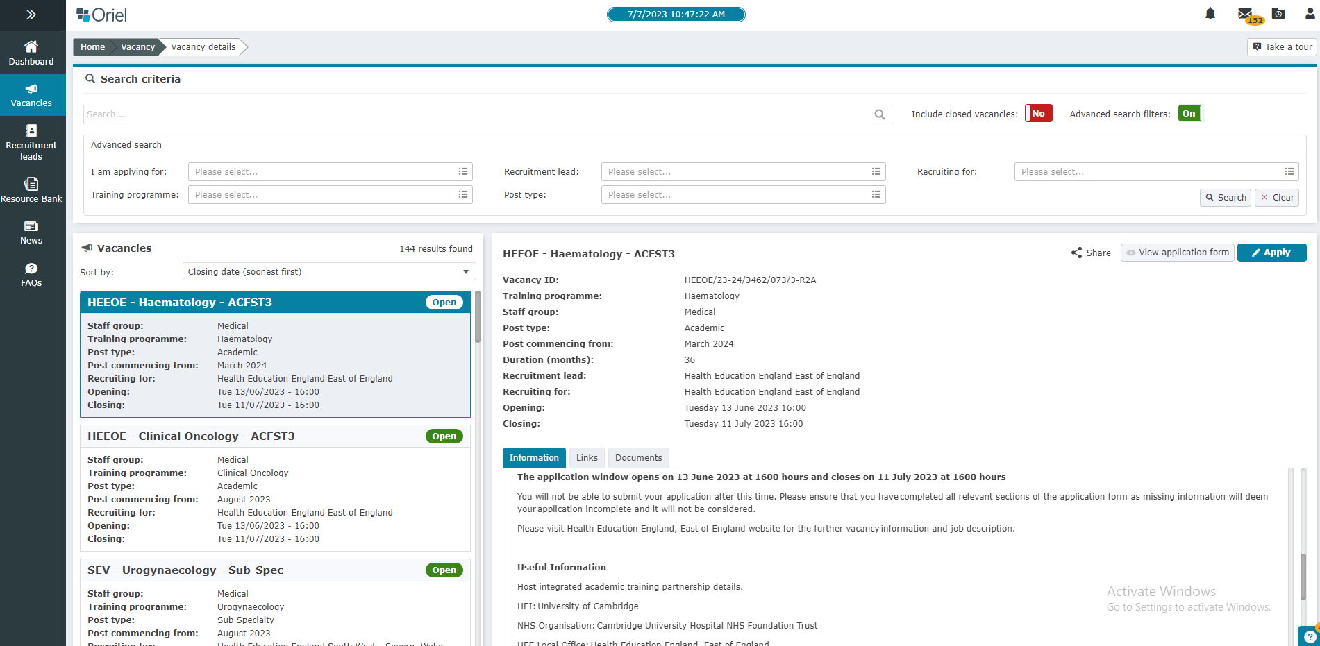 Oriel interface for job application and where MSRA invites will be sent out from