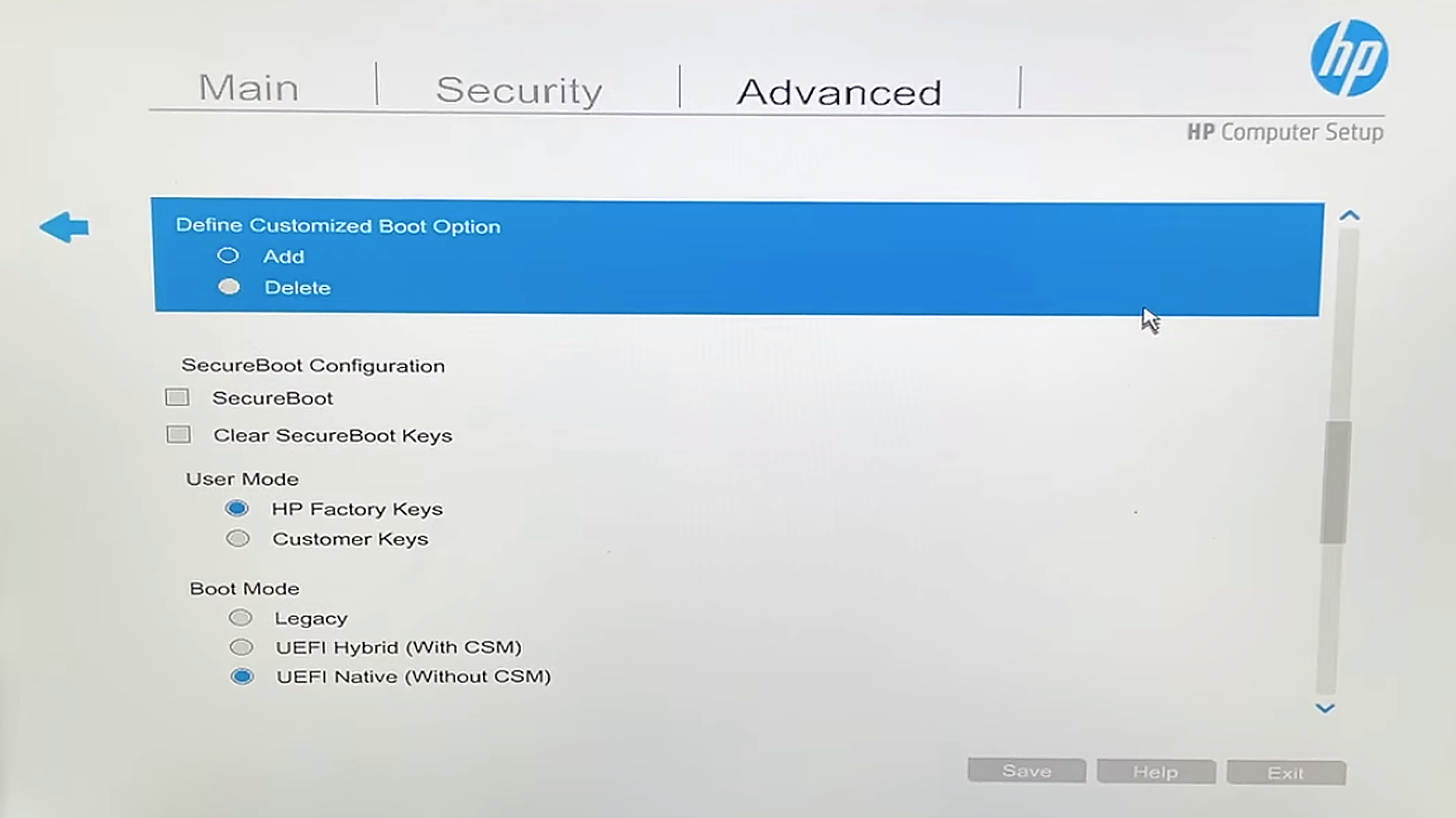 HP Computer Setup screen showing the customized boot option menu for UEFI Native mode