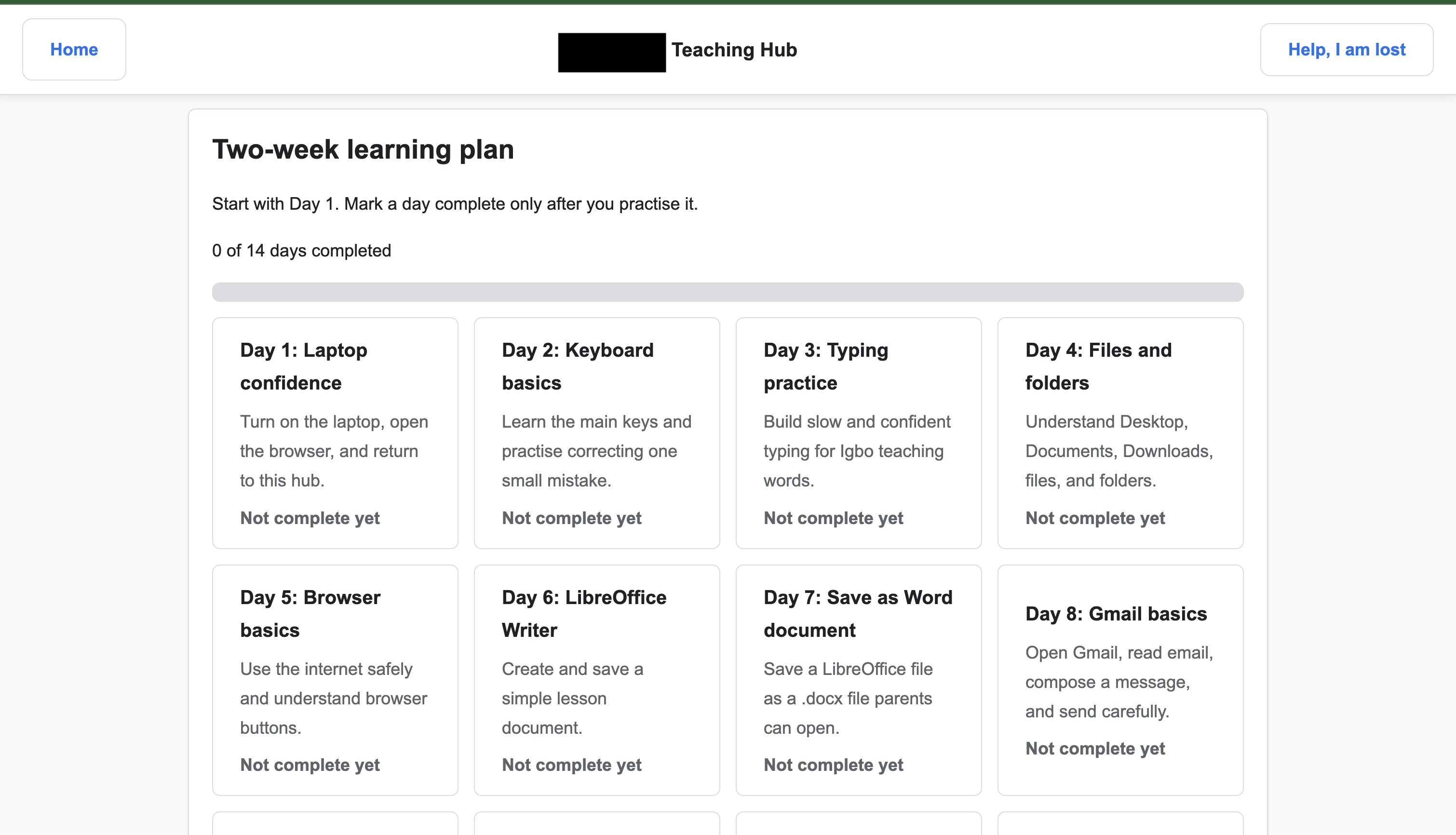 Teaching Hub two-week learning plan with daily laptop, keyboard, typing, file, browser, LibreOffice, and Gmail tasks