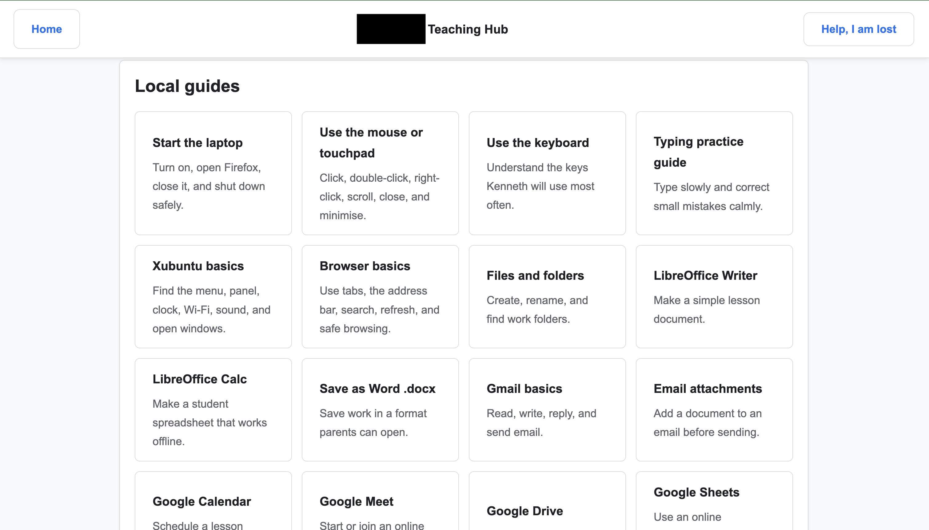 Teaching Hub local guides for laptop use, keyboard practice, Xubuntu basics, browser basics, files, LibreOffice, Gmail, and attachments