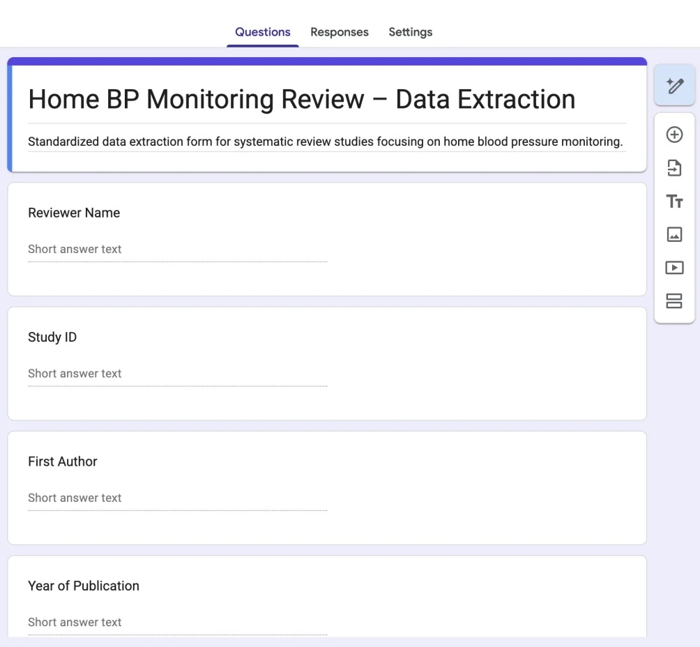 Google Form with standardised fields for extracting systematic-review study data