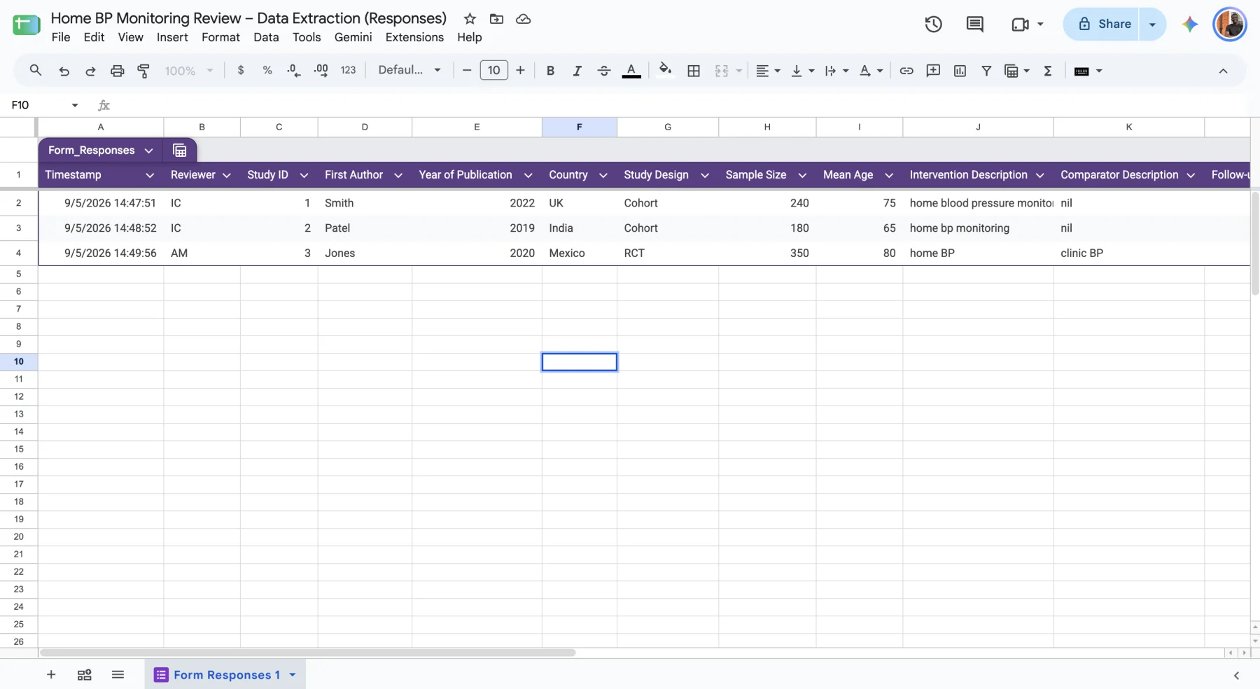 Google Sheet populated with illustrative systematic-review extraction data from several reviewers