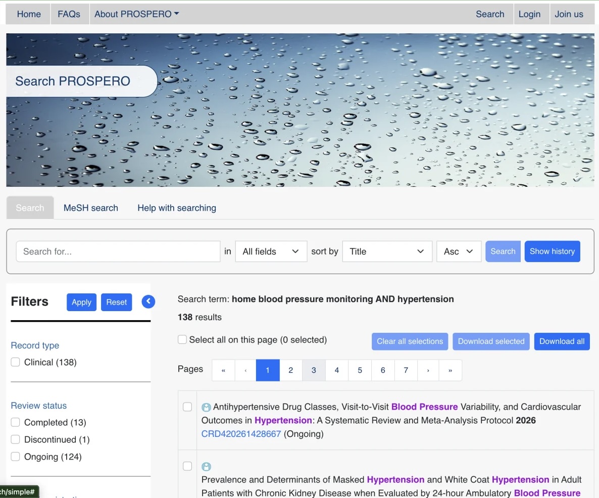 PROSPERO search results for reviews about home blood-pressure monitoring and hypertension