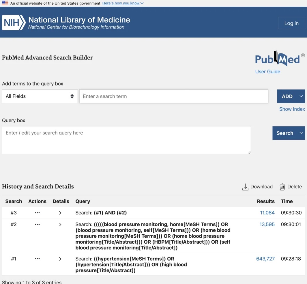 PubMed Advanced Search Builder showing separate searches for hypertension and home blood-pressure monitoring combined with AND