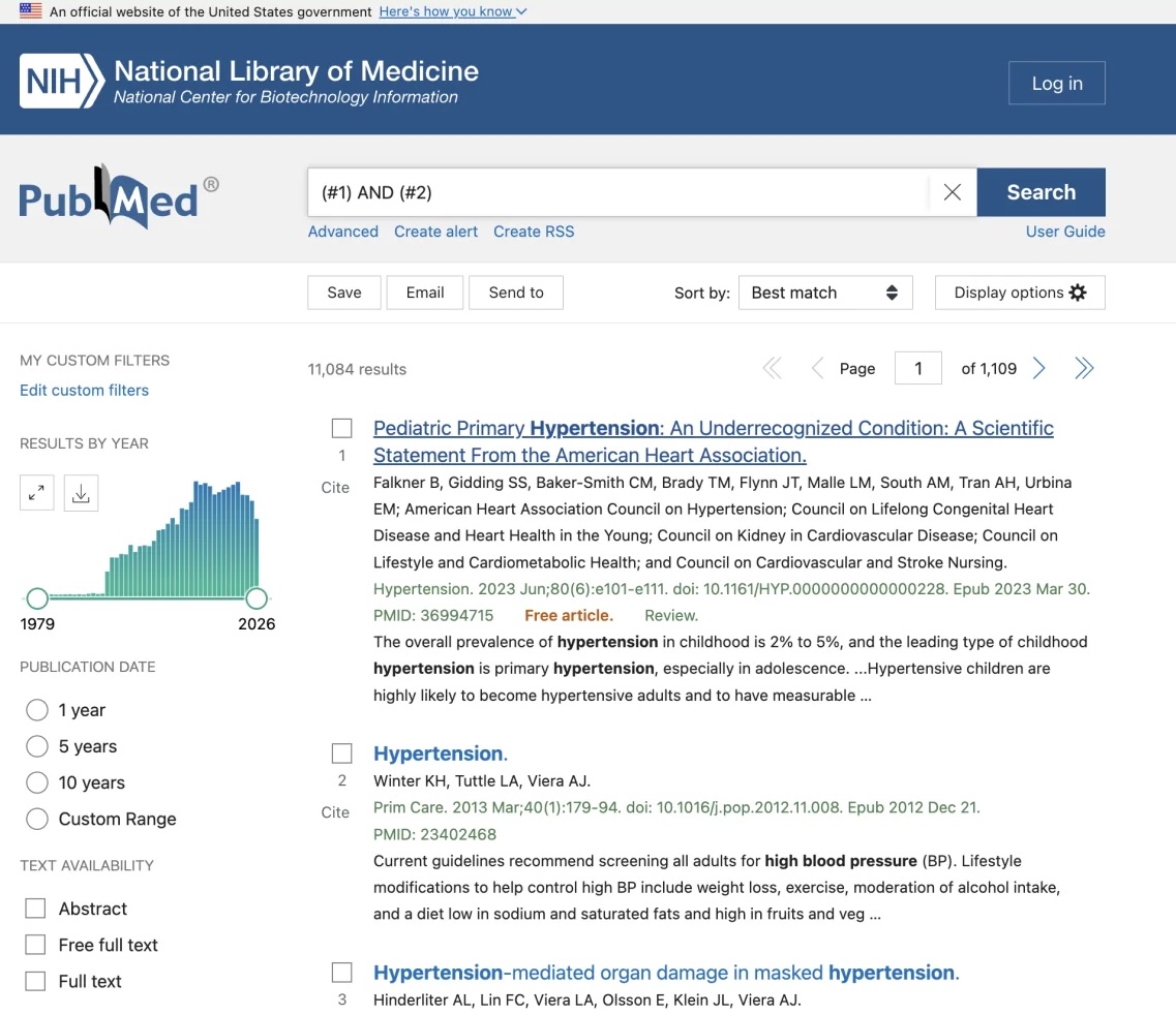 PubMed results page after combining two search sets