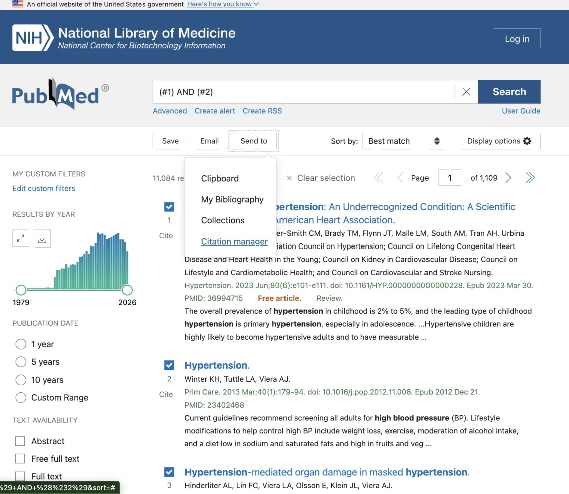 PubMed results page with Send to and Citation Manager selected