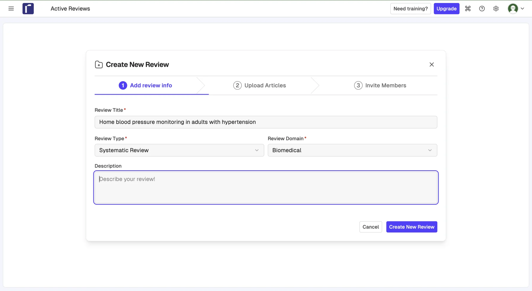 Systematic-review software form for creating a review about home blood-pressure monitoring in adults with hypertension