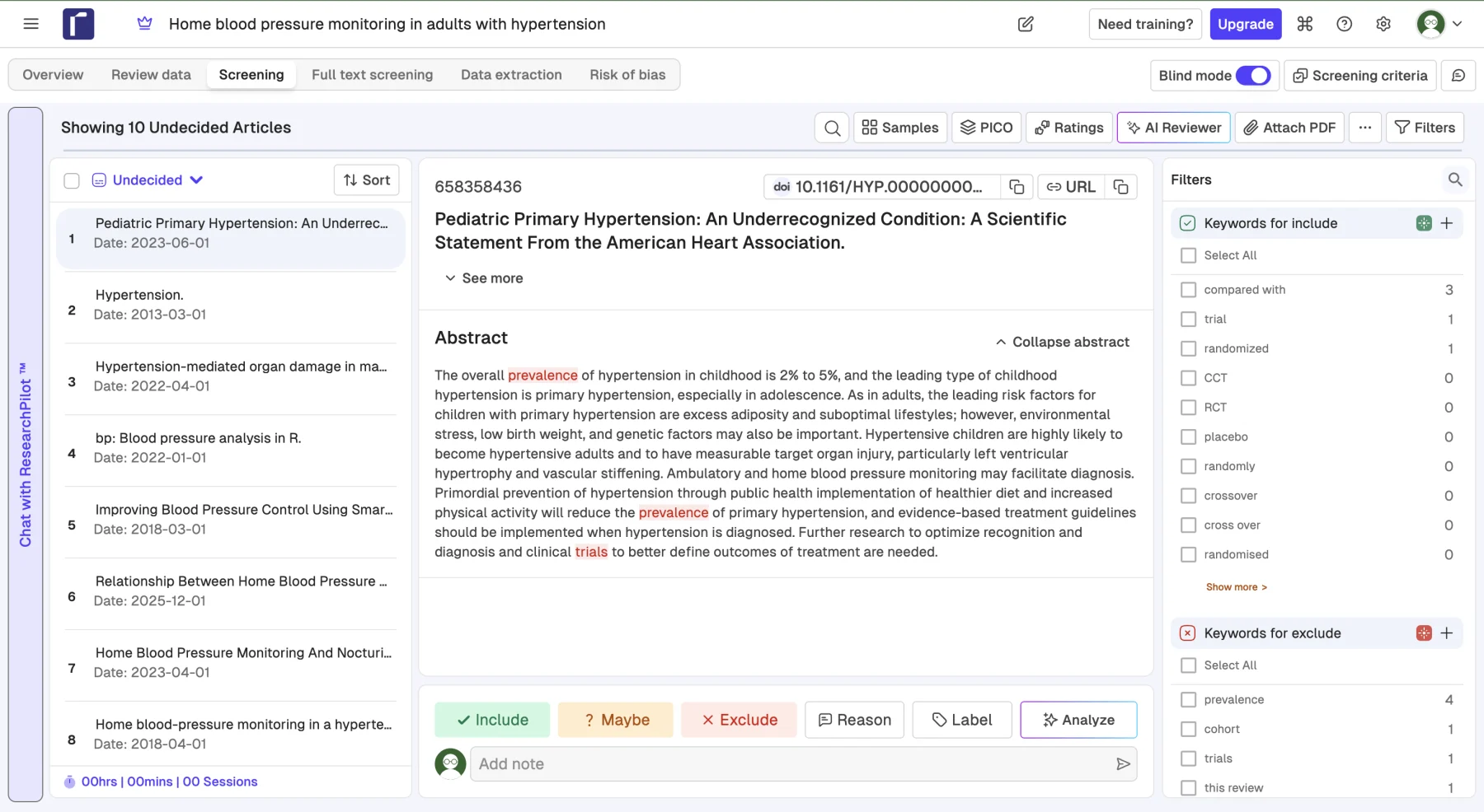 Title and abstract screening interface with include, maybe and exclude decisions and blind mode enabled