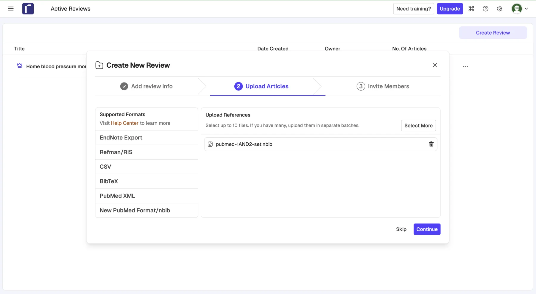 Systematic-review software importing a PubMed NBIB citation file