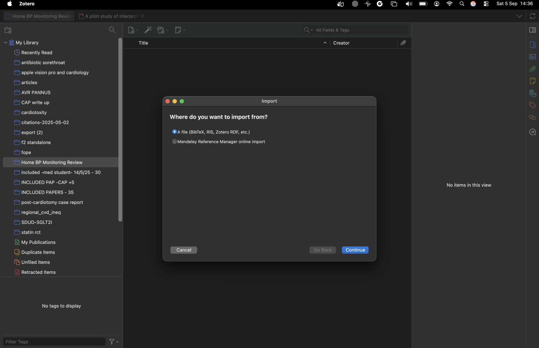 Zotero import window offering BibTeX, RIS and other supported file formats
