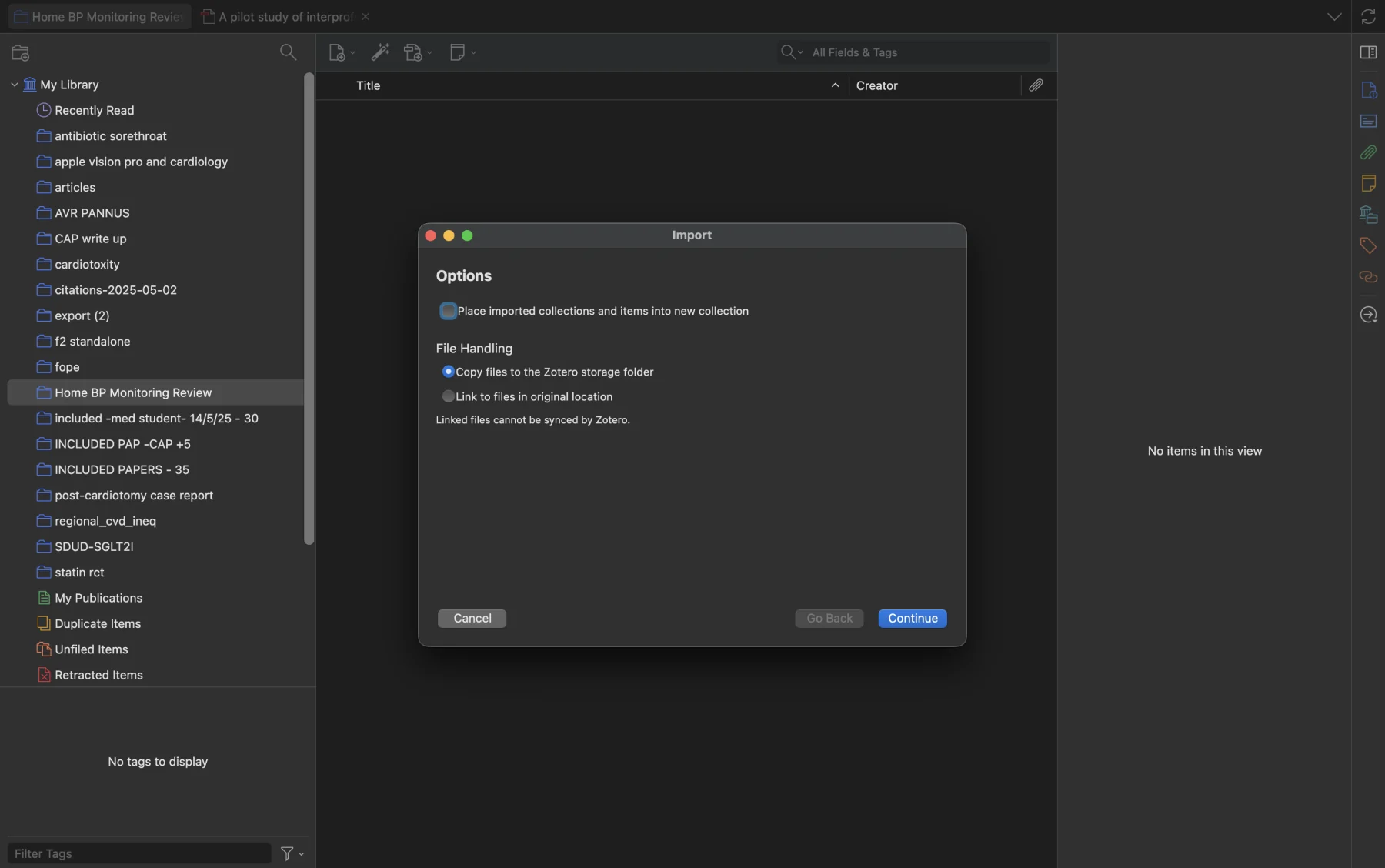 Zotero import options for placing imported references in a new collection and copying files to Zotero storage