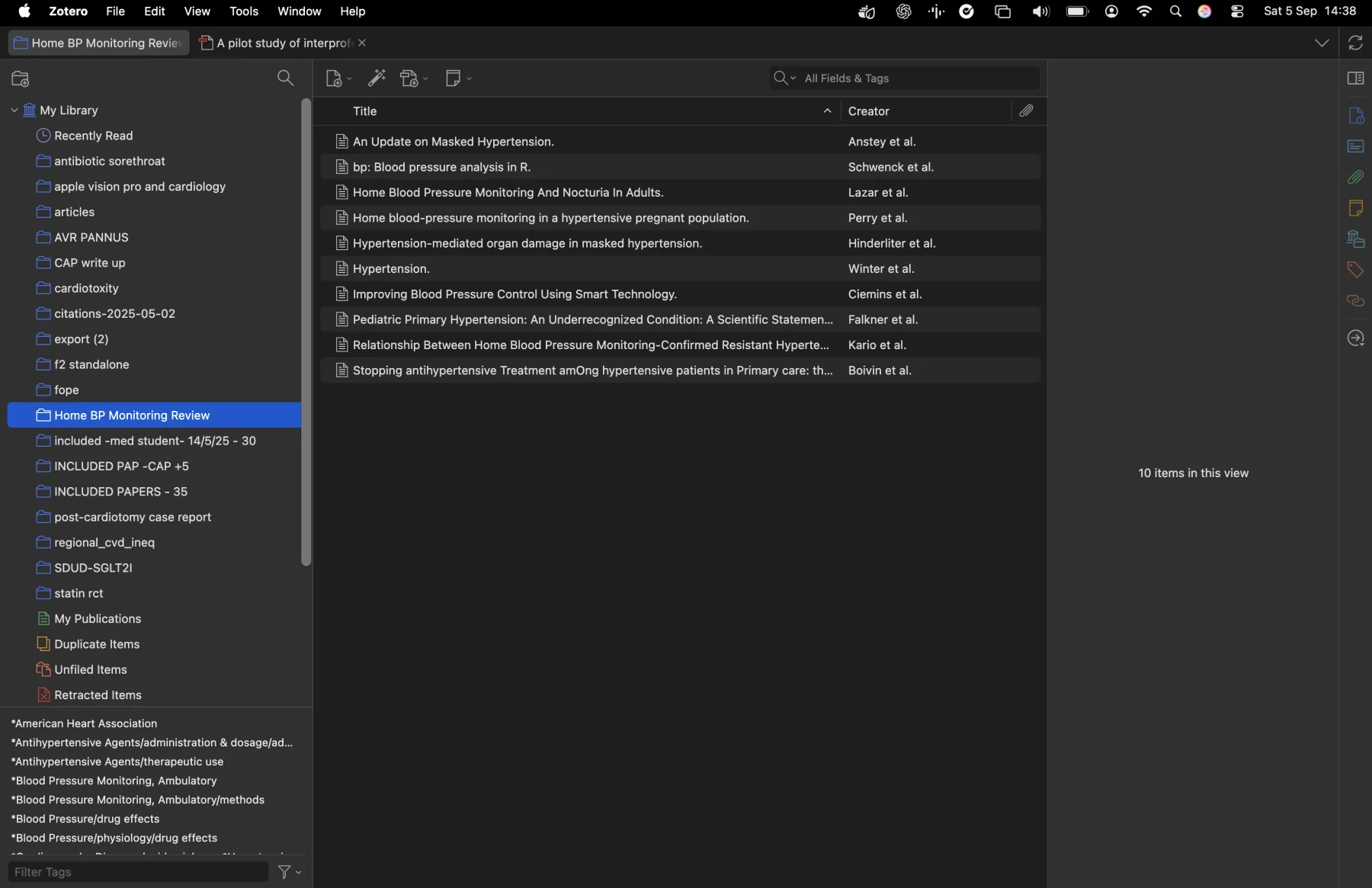 Zotero collection populated with bibliographic records from a systematic-review search